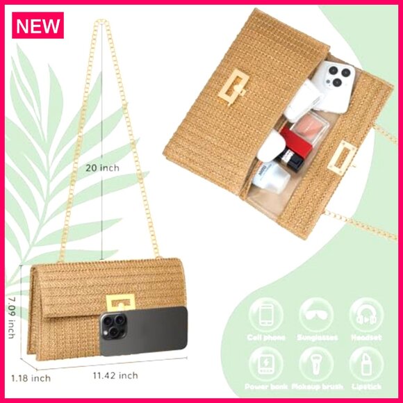 Straw Clutch Evening Bag with Adjustable Chain Strap for Summer Events